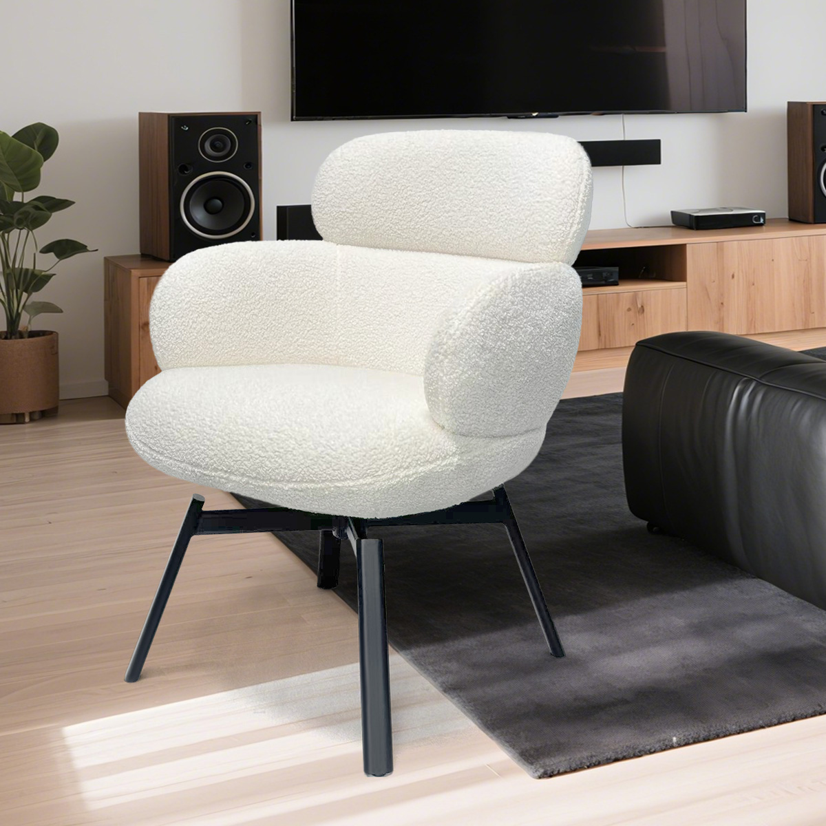 Modern White Boucclé/Teddy Fleece Fabric Scaun pivotant cu scaun suplimentar și picioare metalice