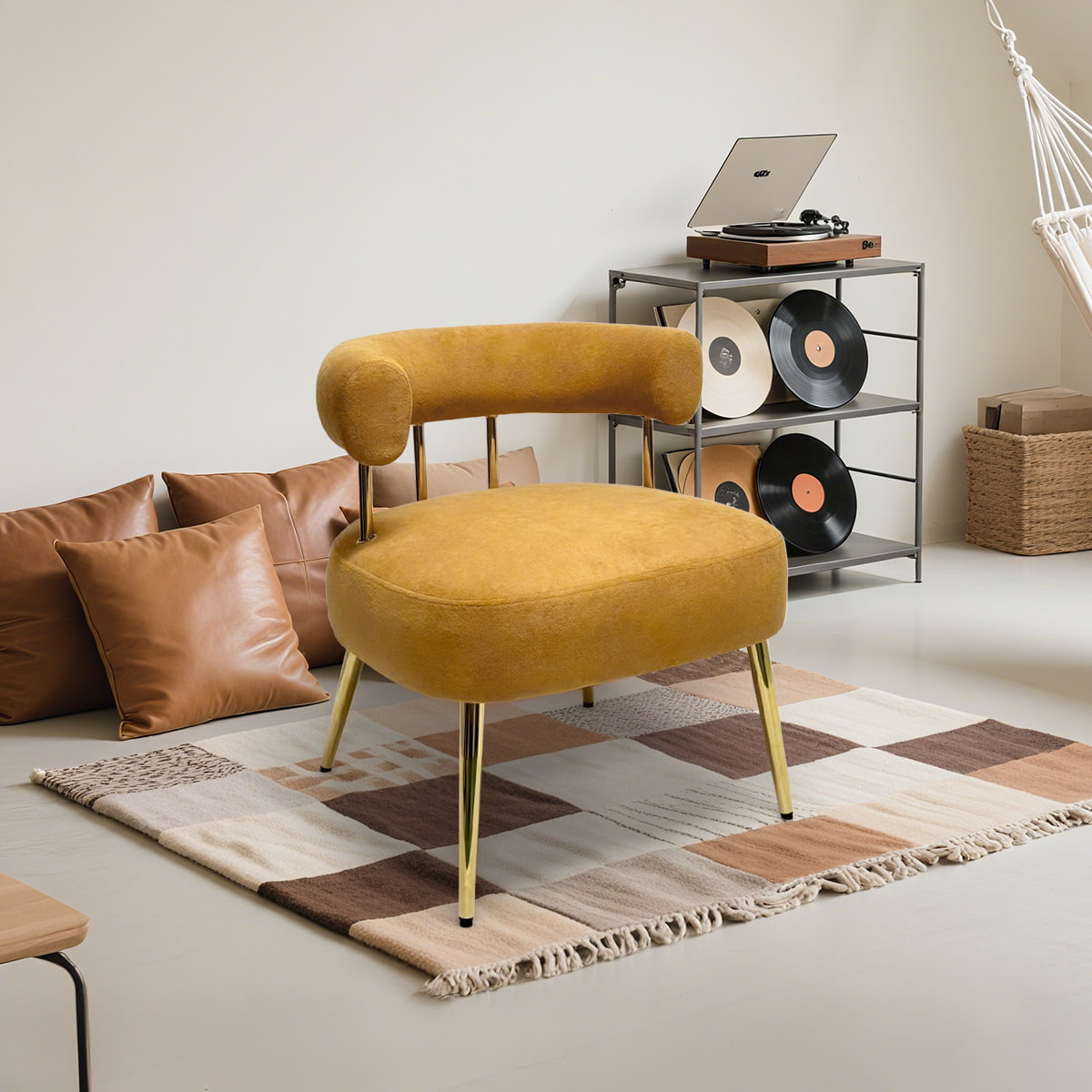 Scaun cu accent de catifea din picioare de aur-scaun de mese moderne și salon modern de la mijlocul secolului