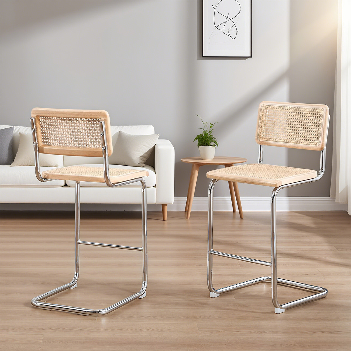 Scaunul și scaunul modern de la mijlocul secolului Rattan Cantilever-Scaun natural din spate și scaun cu cadru metalic crom