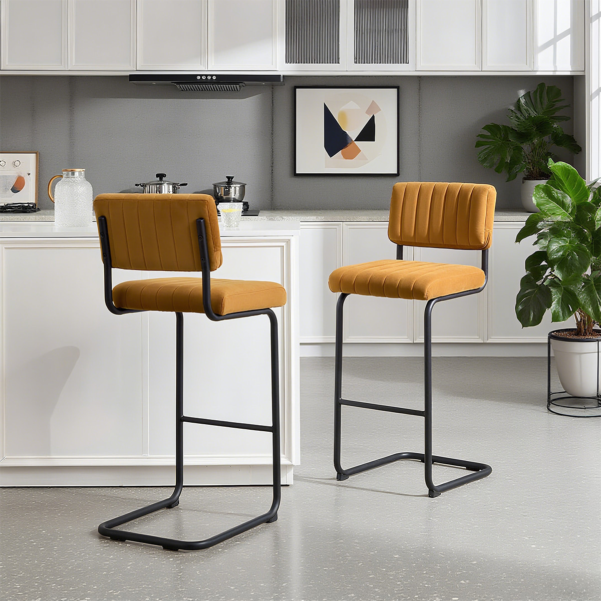 Scaun de bar cu cantilever modern de la mijlocul secolului-scaun tapițat cu tuf cu spătar și ramă de metal negru mat